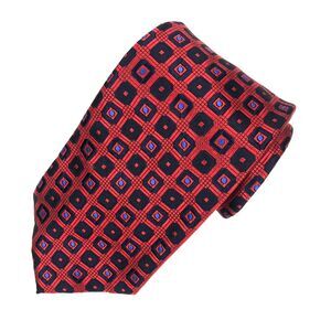 Valente 100% Silk Tie Made in Italy Red Navy Blue Geometric Square Grid Necktie